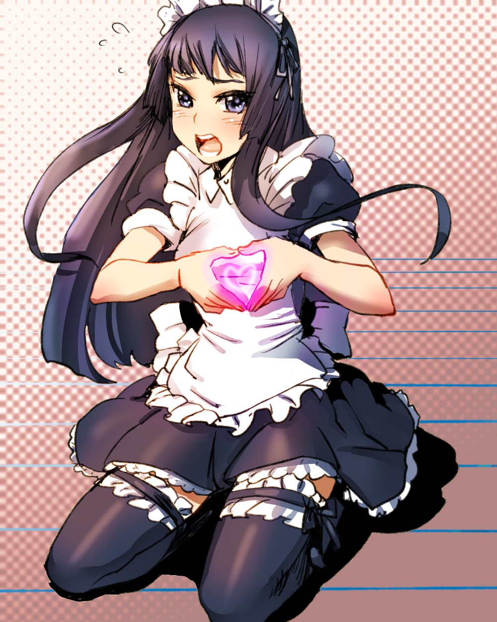 bow (bhp), akiyama mio, k-on!, highres, 00s, 1girl, alternate costume, ben-day dots, black eyes, black hair, blush, enmaided, female focus, frilled thighhighs, frills, heart, heart hands, lingerie, long hair, maid, maid headdress, moe moe kyun!, open mouth, petticoat, round teeth, screentones, solo, teeth, thighhighs, underwear, zettai ryouiki