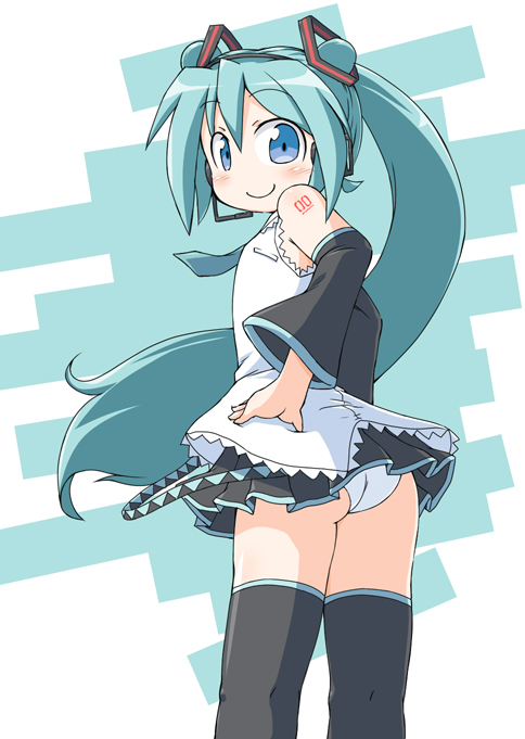 naitou kouse, hatsune miku, vocaloid, aqua hair, armpits, bare shoulders, black thighhighs, blue eyes, blush, detached sleeves, hair ornament, headphones, long hair, looking back, necktie, panties, simple background, smile, solo, thighhighs, twintails, underwear, very long hair, white panties