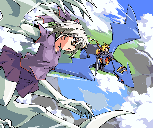 redrantem, tomoshibi hidekazu, girl with a blonde braid (tomoshibi hidekazu), oomori masaki's dragon girl, redrantem's orange haired girl, setanda (oomori masaki), original, lowres, 2girls, blonde hair, borrowed character, dragon, dragon girl, flying, grey hair, monster girl, multiple girls, oekaki, riding, sword, weapon