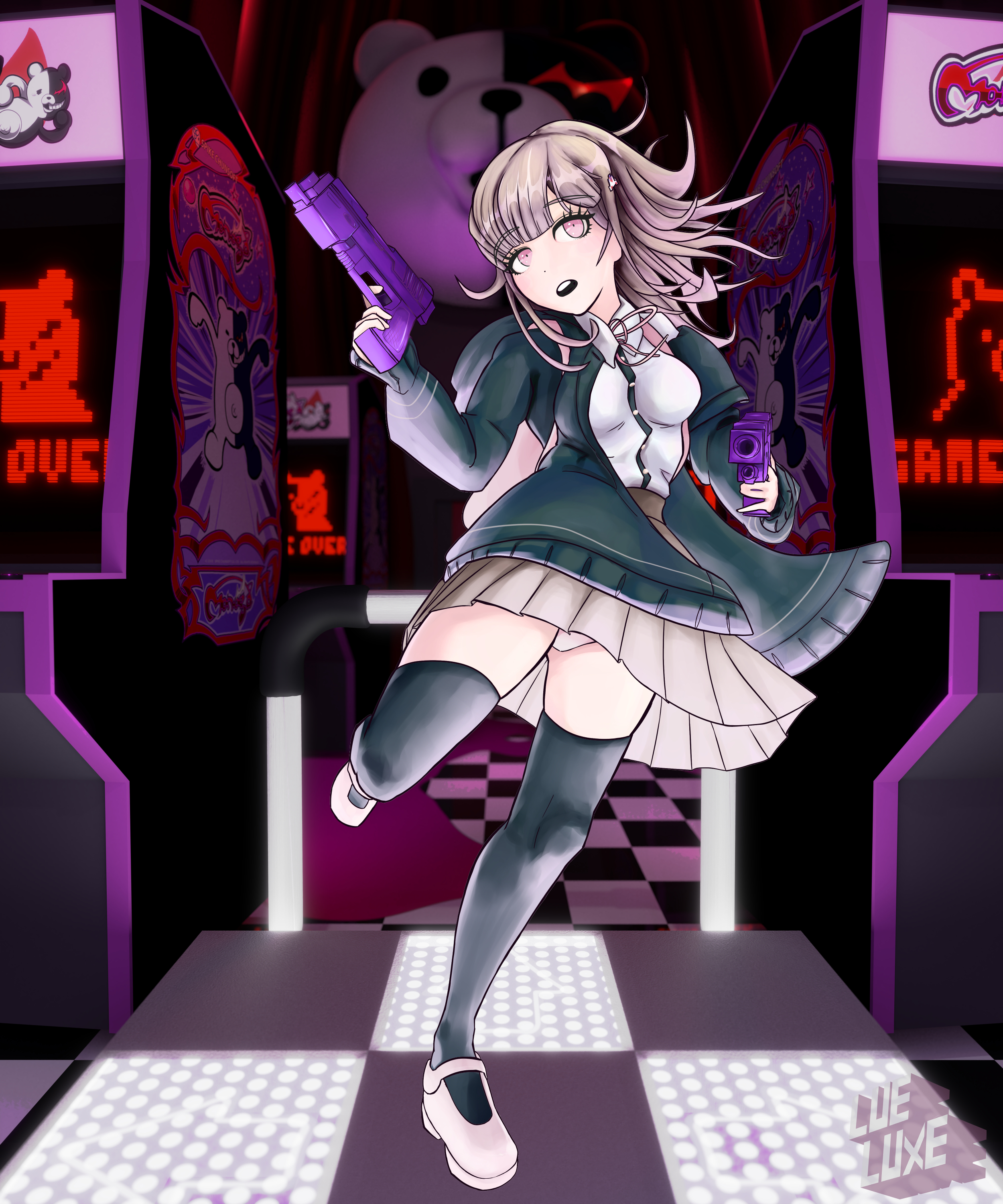 monokuma, nanami chiaki, danganronpa (series), danganronpa 2: goodbye despair, absurdres, highres, 1girl, arcade cabinet, breasts, brown skirt, collared shirt, dance pad, flipped hair, game over, gun, hair ornament, holding, holding gun, holding weapon, hood, jacket, long sleeves, lueluxe, medium hair, neck ribbon, open clothes, open jacket, pink eyes, pink ribbon, ribbon, shirt, skirt, solo, thighhighs, weapon, white shirt