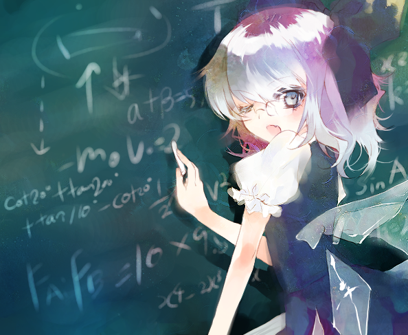 prino hawell, cirno, embodiment of scarlet devil, touhou, bad id, bad pixiv id, 1girl, bespectacled, chalkboard, female focus, glasses, math, one eye closed, solo, wink