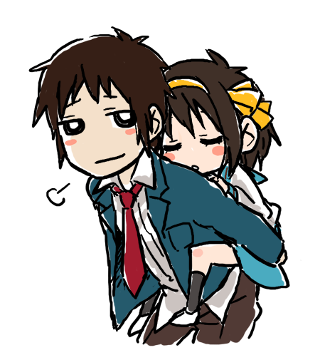 kamoi hayato, kyon, suzumiya haruhi, suzumiya haruhi no yuuutsu, 00s, 1boy, 1girl, brown hair, carrying, chibi, hairband, piggyback, school uniform, serafuku, short hair, sketch