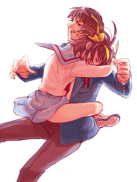 cika, kyon, suzumiya haruhi, suzumiya haruhi no yuuutsu, bad id, bad pixiv id, 00s, 1boy, 1girl, brown hair, couple, hairband, hetero, hug, leg lock, school uniform, serafuku, short hair