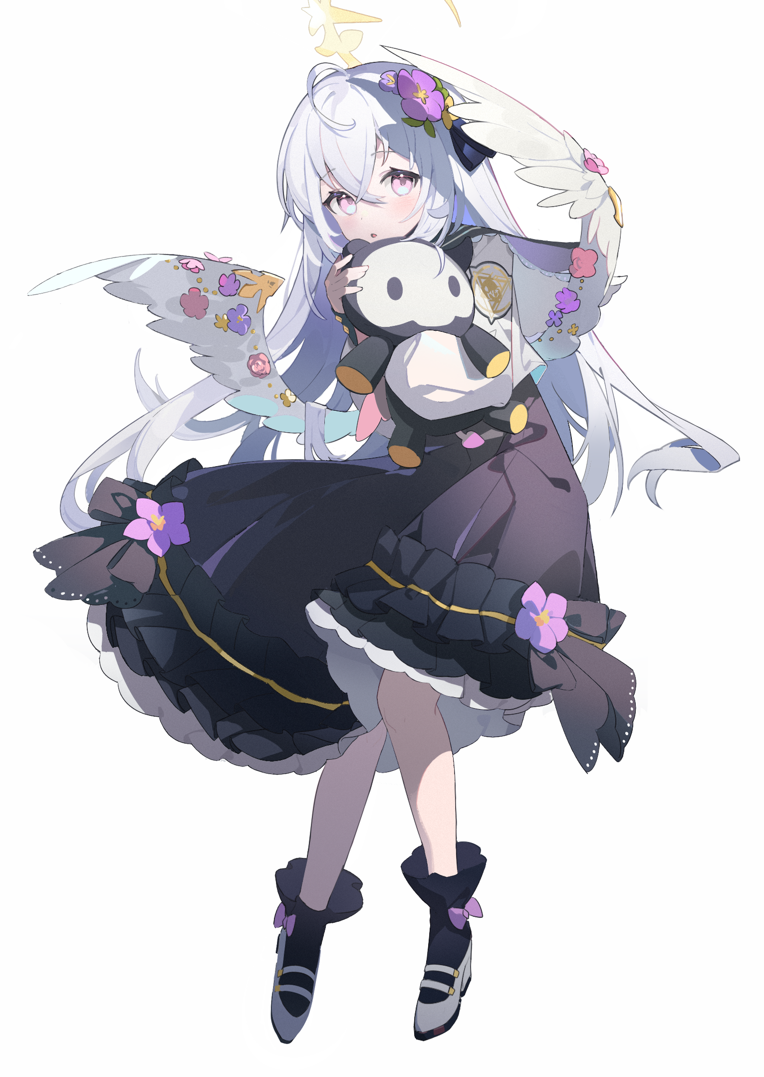 e li (77864296), azusa (blue archive), skullman (blue archive), blue archive, highres, 1girl, ankle socks, black dress, black ribbon, black sailor collar, black socks, bow legwear, cardigan, crossed bangs, dress, feathered wings, flower, frilled dress, frills, full body, hair between eyes, hair flower, hair ornament, hair ribbon, halo, holding, holding stuffed toy, long hair, long sleeves, low wings, mary janes, parted lips, pink flower, puffy long sleeves, puffy sleeves, purple eyes, purple flower, ribbon, sailor collar, school uniform, serafuku, shoes, simple background, socks, solo, straight hair, stuffed animal, stuffed toy, white background, white cardigan, white hair, white shoes, white wings, wing ornament, wings, yellow flower, yellow halo