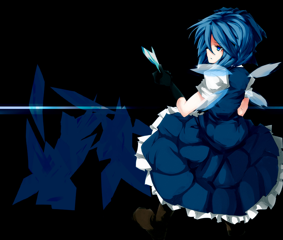 flimflam, cirno, touhou, bad id, bad pixiv id, 1girl, blue hair, dress, female focus, short hair, solo, wings