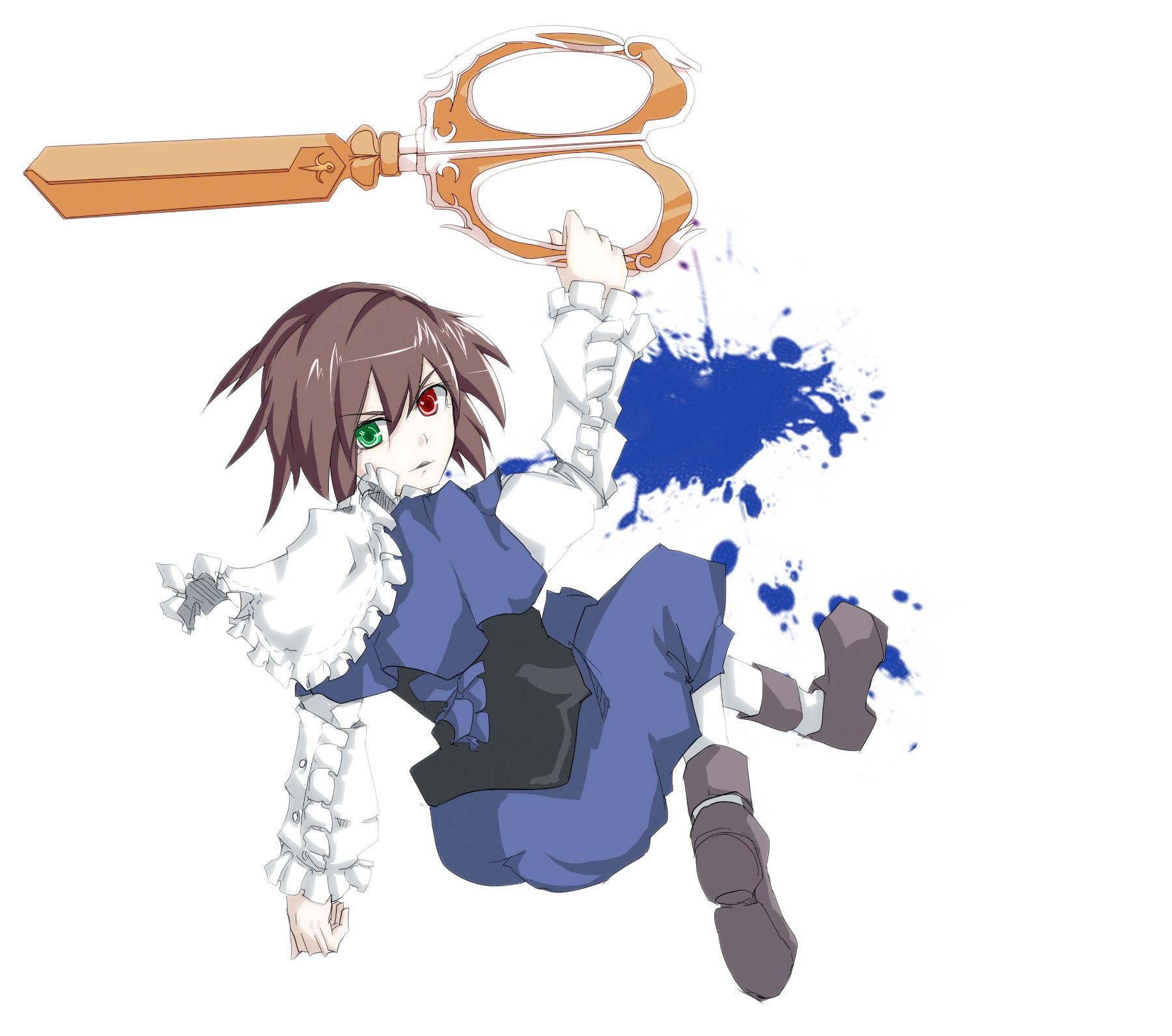 flimflam, souseiseki, rozen maiden, bad id, bad pixiv id, highres, 00s, brown hair, heterochromia, pantyhose, scissors, short hair, solo