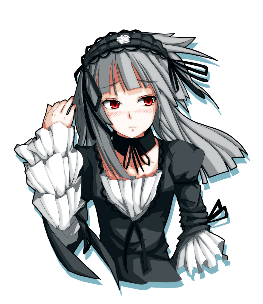 flimflam, suigintou, rozen maiden, silver hair, bad id, bad pixiv id, 00s, blush, frills, frown, long hair, red eyes, solo