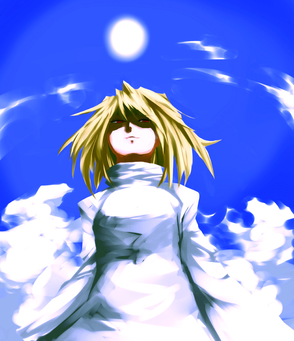 flimflam, arcueid brunestud, tsukihime, bad id, bad pixiv id, 00s, 1girl, blonde hair, cloud, day, female focus, red eyes, short hair, sky, smile, solo, sun, sweater