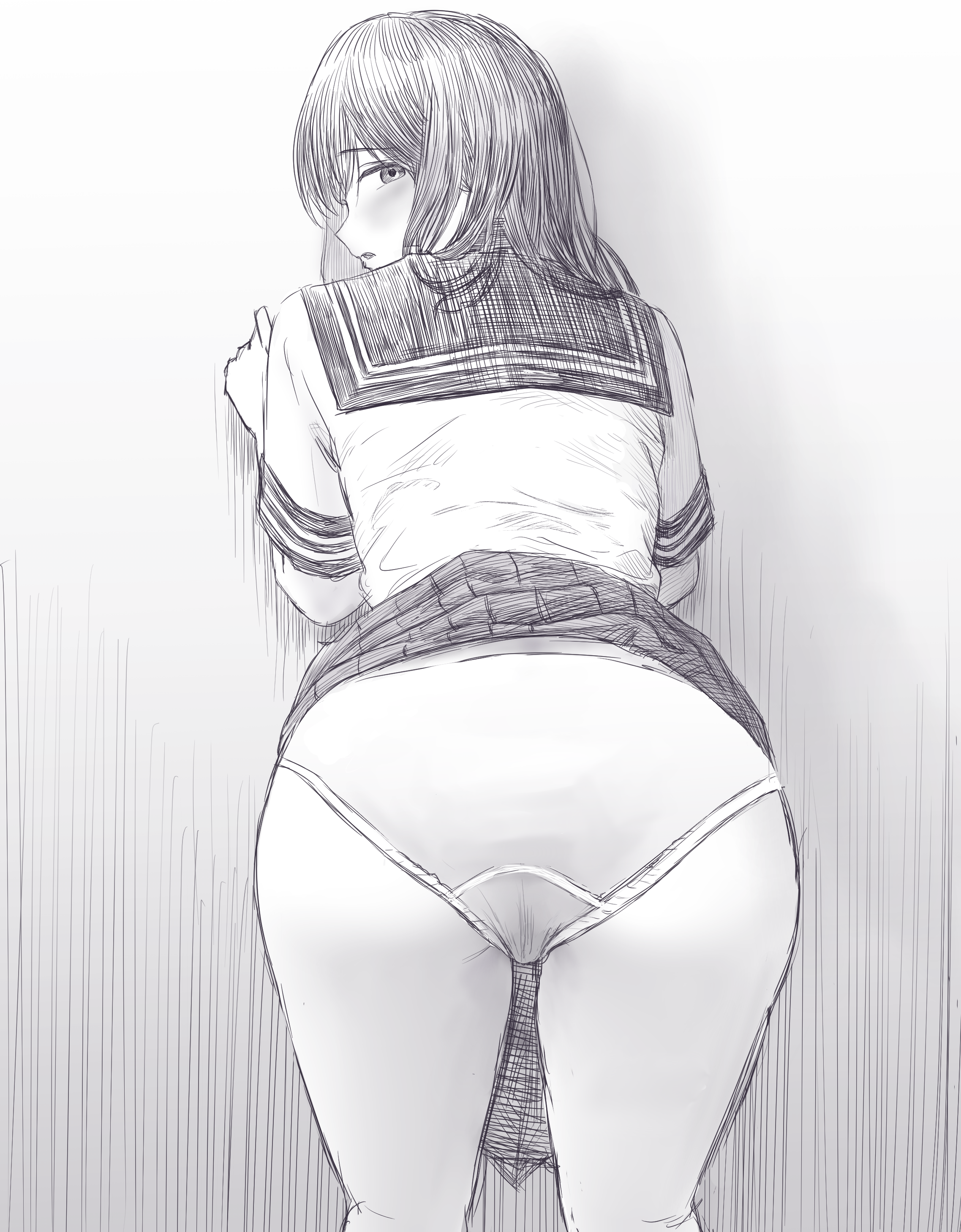 raisu rice, original, absurdres, highres, 1girl, ass, ass focus, blush, clothes lift, from behind, greyscale, hand on wall, long hair, looking at viewer, looking back, monochrome, panties, parted lips, school uniform, serafuku, sketch, skirt, skirt lift, solo, standing, underwear