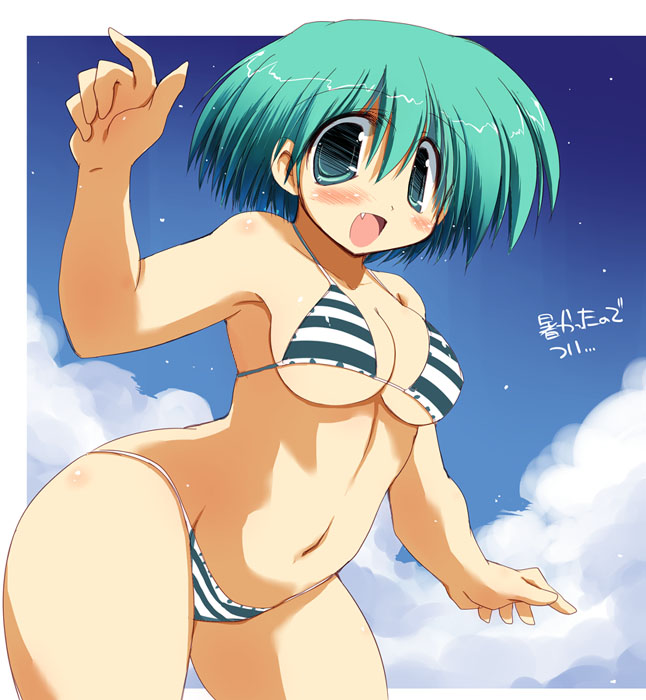 sakaki (noi-gren), original, translation request, 1girl, bikini, day, fang, female focus, green eyes, green hair, hip focus, matching hair/eyes, short hair, solo, striped bikini, striped clothes, swimsuit, text focus, wide hips