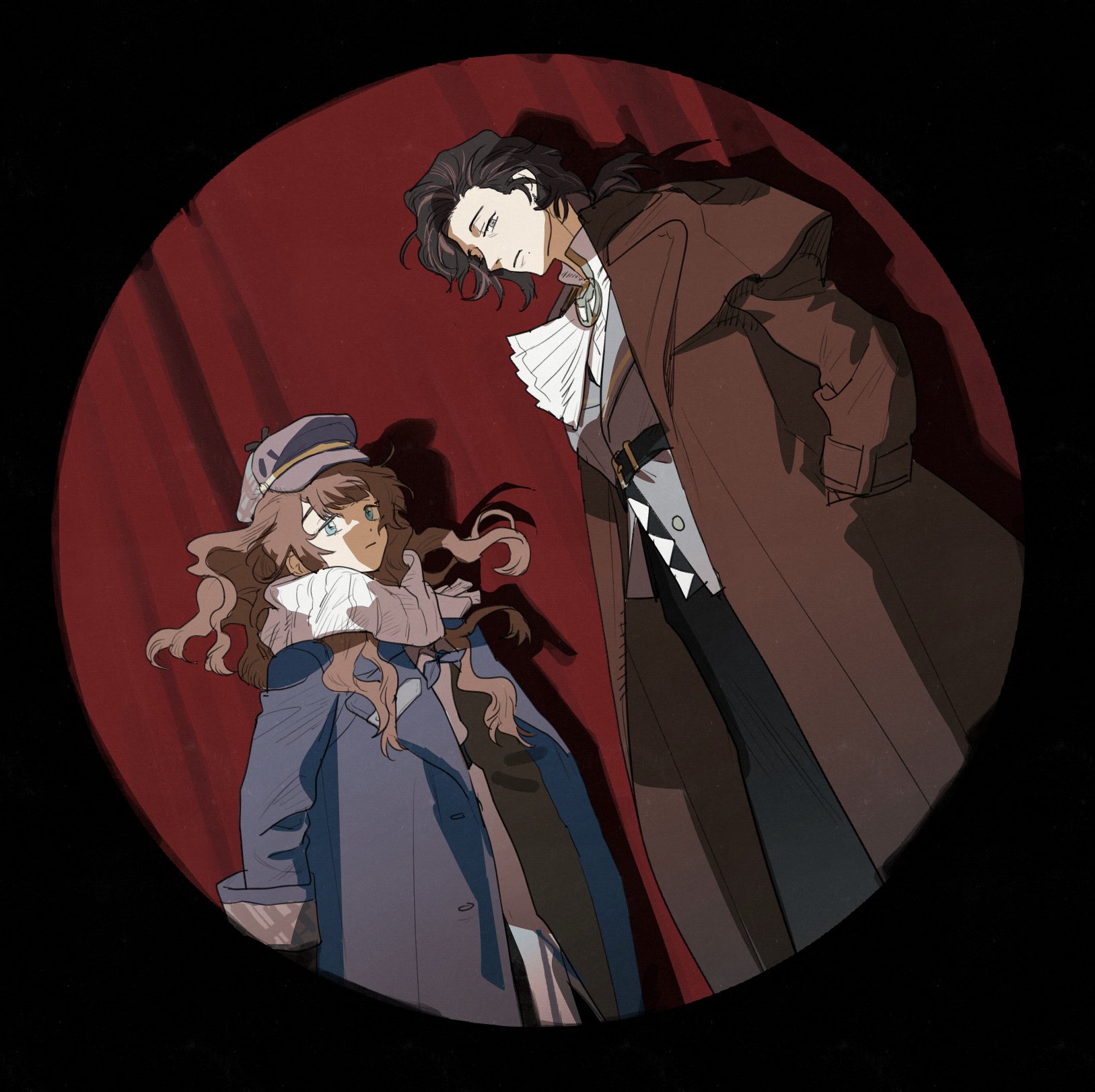 yangga1bi, greta hofmann, marcus (reverse:1999), reverse:1999, highres, 2girls, ascot, black hair, black skirt, blue coat, blue eyes, brown coat, brown hair, closed mouth, coat, curtains, dress, dutch angle, floating hair, grey hat, grey jacket, hand in pocket, hat, jacket, long dress, long hair, long skirt, multiple girls, round image, scarf, shadow, shirt, short hair, skirt, spotlight, stage curtains, white ascot, white dress, white scarf, white shirt, yellow eyes