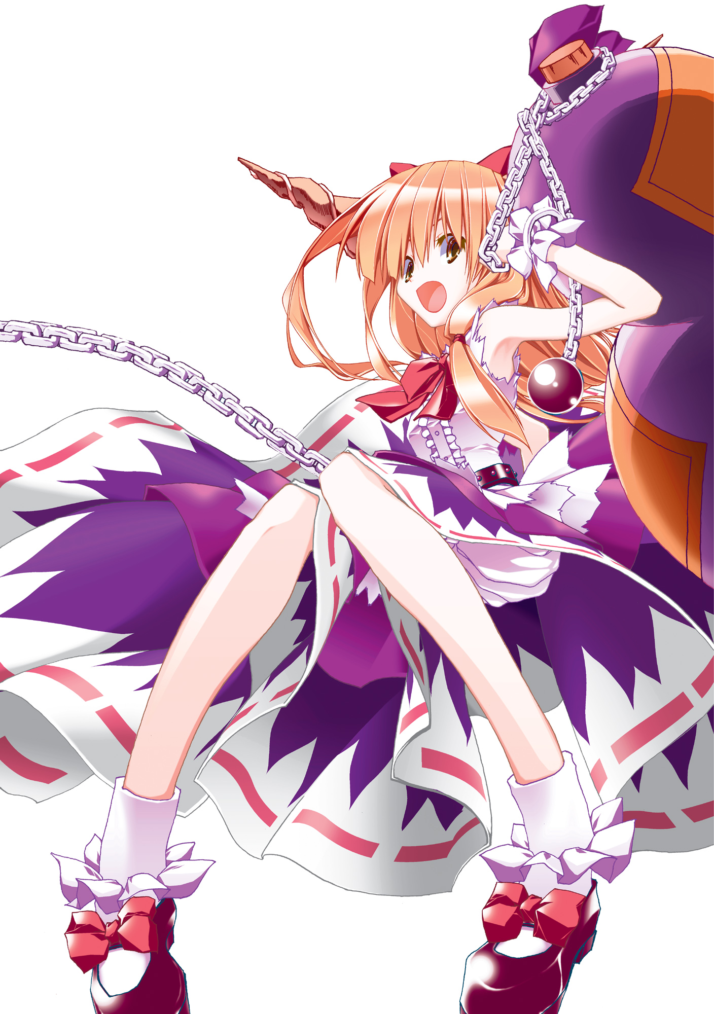 nonohara nyorai, shachiku, ibuki suika, touhou, highres, 1girl, blonde hair, female focus, footwear bow, horns, knees together feet apart, long hair, orange hair, ribbon-trimmed skirt, ribbon trim, simple background, socks, solo, very long hair, white background, white socks, wrist cuffs, yellow eyes