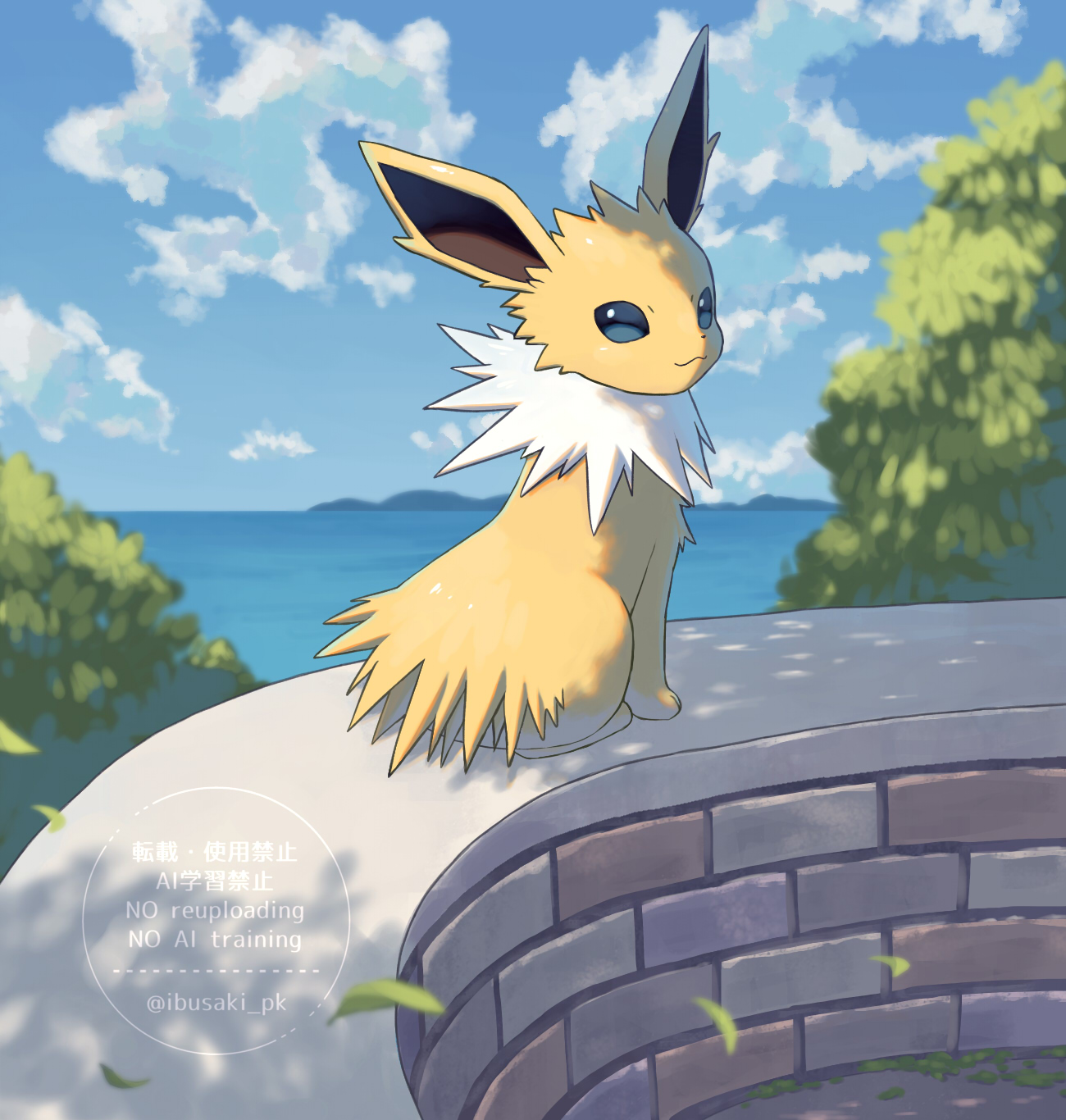 ibusaki (ivu), jolteon, nintendo, pokemon, commentary request, highres, animal focus, blue eyes, closed mouth, cloud, day, gen 1 pokemon, leaf, no humans, outdoors, pokemon (creature), pokemon focus, sitting, smile, solo, tree, twitter username
