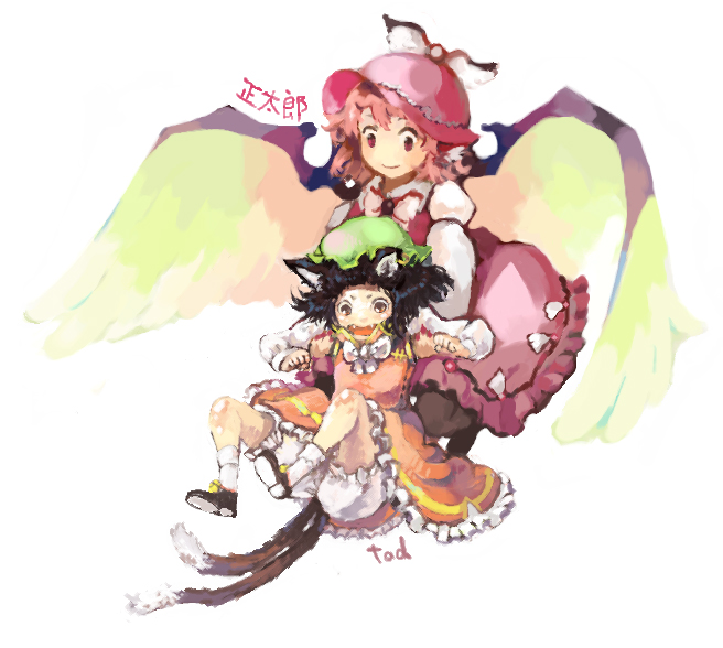 shoutarou (tibi2), chen, mystia lorelei, touhou, bad id, bad pixiv id, 2girls, animal ears, black hair, bloomers, bow, cat ears, cat girl, cat tail, dress, earrings, fangs, female focus, hat, jewelry, long sleeves, multiple girls, multiple tails, open mouth, pink hair, shoes, short hair, smile, socks, tail, text focus, underwear, white background, wings