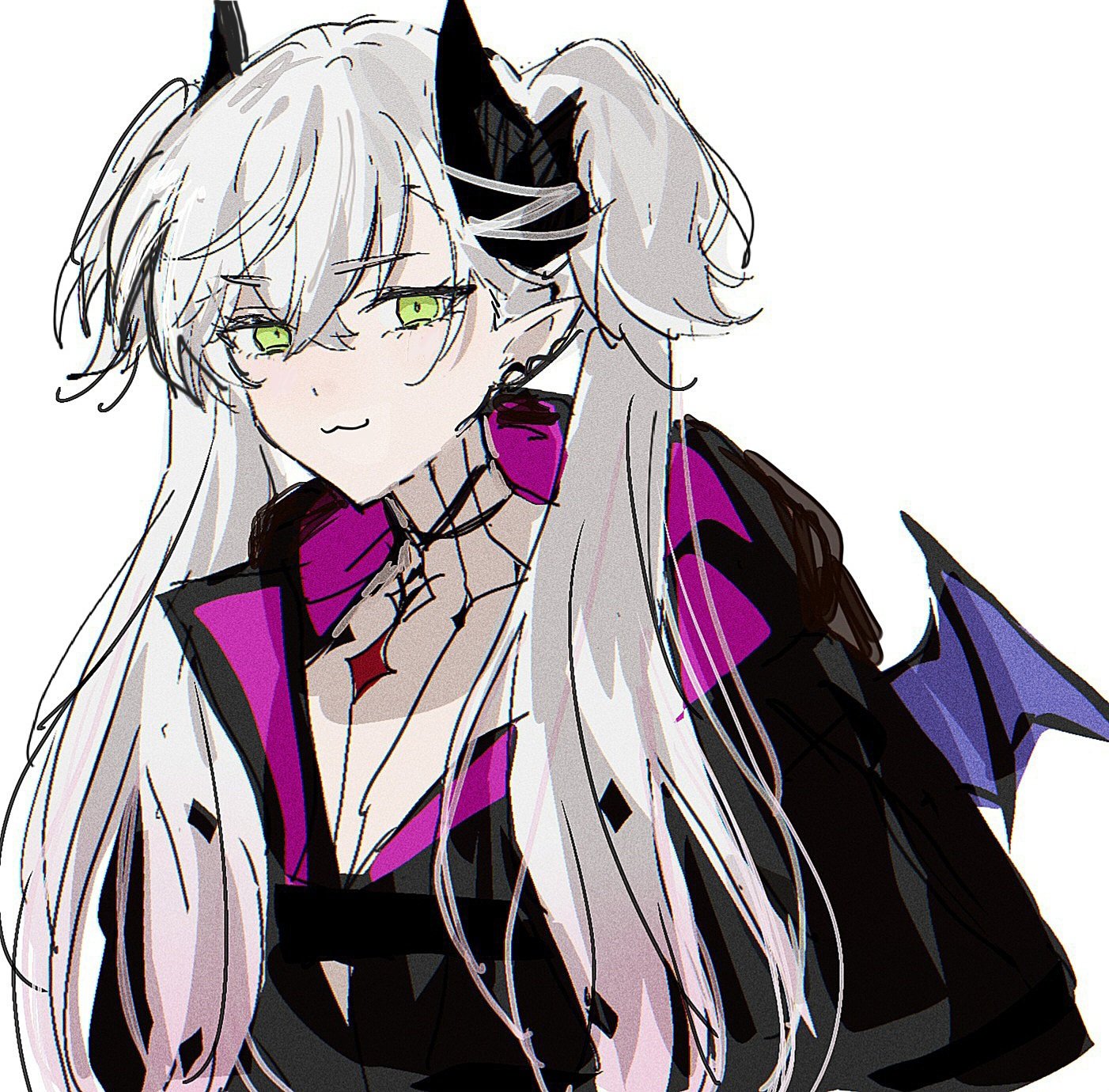 nekwnek, lilith (fate), lilith (first ascension) (fate), fate/grand order, fate (series), highres, 1girl, black jacket, demon horns, gradient hair, green eyes, horns, jacket, looking at viewer, multicolored hair, pink hair, smile, solo, tattoo, twintails, white hair, wings