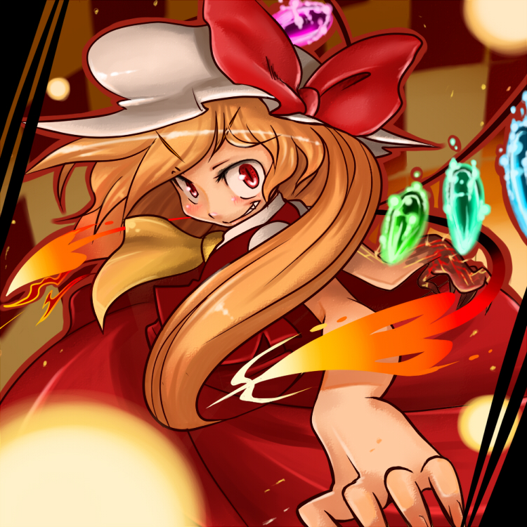 daitai konna kanji, flandre scarlet, touhou, 1girl, alternate hairstyle, bow, fang, female focus, fingernails, foreshortening, grin, long hair, sharp fingernails, smile, solo