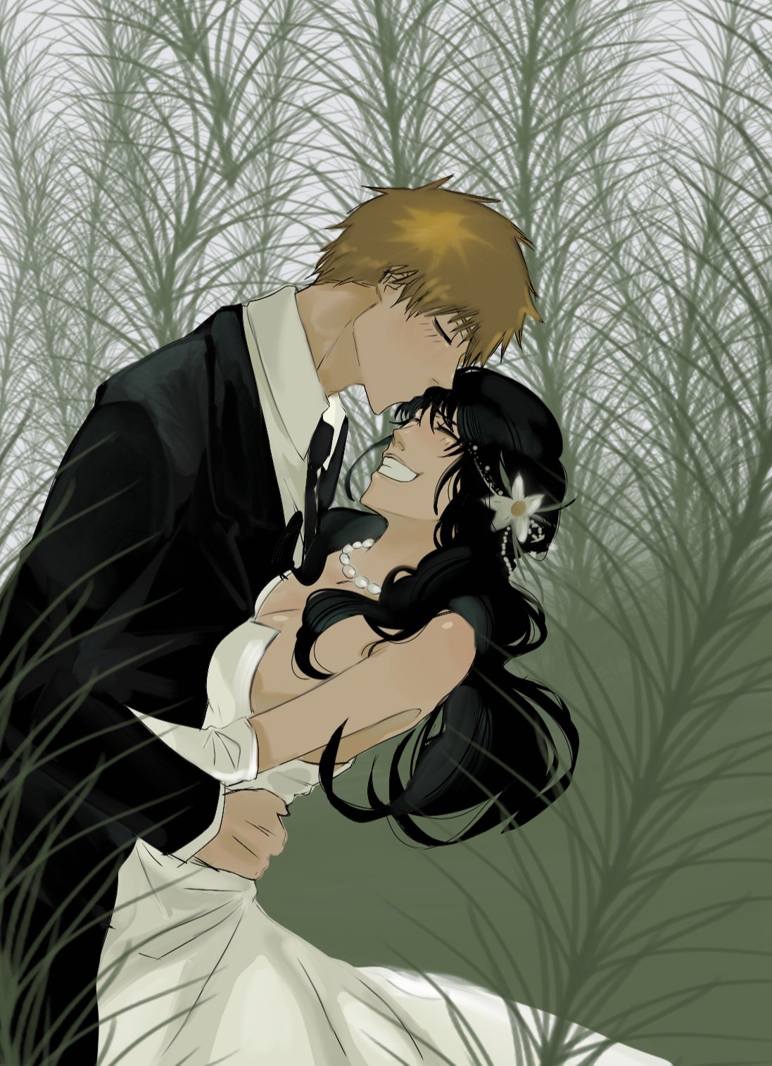 31ulkubo, denji (chainsaw man), mitaka asa, chainsaw man, highres, redrawn, 1boy, 1girl, black hair, black suit, blonde hair, breasts, bride, closed eyes, dress, elbow gloves, formal clothes, gloves, groom, hetero, jewelry, kiss, kissing forehead, long hair, necklace, pearl necklace, plant, short hair, small breasts, suit, teeth, wedding dress, white dress, white gloves