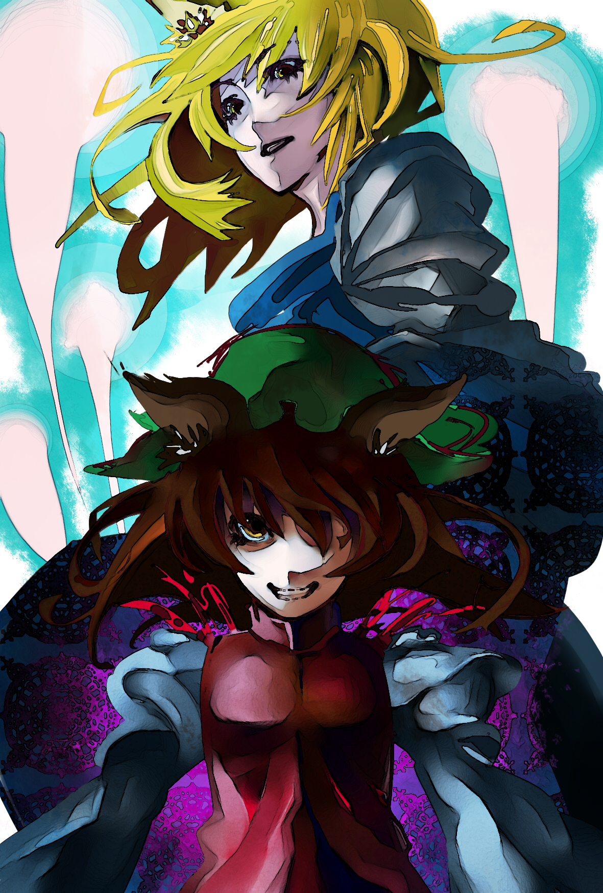 saka (artist), saka (pixiv), chen, yakumo ran, touhou, bad id, bad pixiv id, highres, 2girls, animal ears, blonde hair, blush, brown eyes, brown hair, cat ears, cat girl, clenched teeth, crown, dress, expressionless, female focus, frills, hat, long sleeves, looking at viewer, mob cap, multiple girls, parted lips, puffy long sleeves, puffy sleeves, red dress, teeth, upper body, yellow eyes
