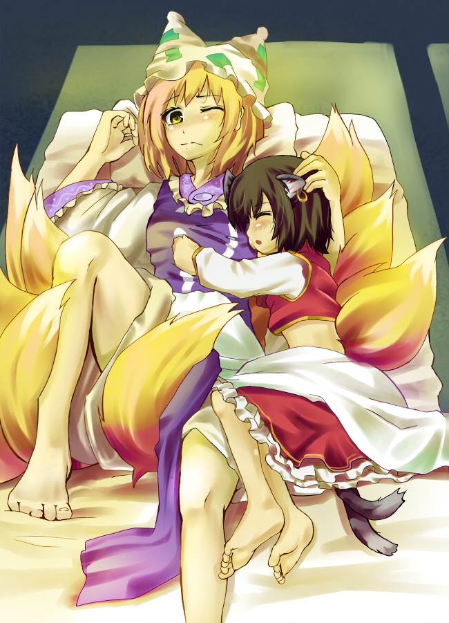 hidebo, chen, yakumo ran, touhou, bad id, bad pixiv id, 2girls, animal ears, animal hat, barefoot, blonde hair, cat ears, cat girl, cat tail, earrings, feet, female focus, fox tail, hat, hug, jewelry, long sleeves, midriff, mob cap, multiple girls, multiple tails, one eye closed, short hair, sleeping, tail, wide sleeves, wink
