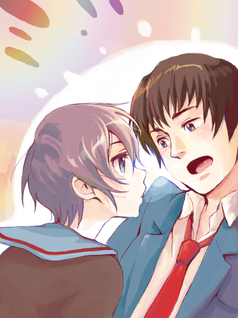 cika, kyon, nagato yuki, suzumiya haruhi no yuuutsu, bad id, bad pixiv id, 00s, 1boy, 1girl, blouse, collared shirt, from side, open mouth, purple hair, shirt, short hair, tegaki, white shirt