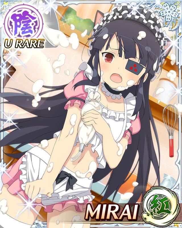 mirai (senran kagura), senran kagura, senran kagura new wave, game cg, non-web source, official art, 1girl, :o, alternate costume, animal ear hairband, animal ears, apron, baking, black hair, blunt bangs, border, card (medium), cat ear hairband, cat ears, cream, cream on body, cream on face, dress, enmaided, eyepatch, fake animal ears, flat chest, food, food on face, frilled apron, frills, hairband, long hair, maid, maid apron, maid headdress, miniskirt, mitsudomoe (shape), navel, open mouth, pastry bag, puffy short sleeves, puffy sleeves, red eyes, short sleeves, skirt, solo, thighhighs, tomoe (symbol), waist apron, white apron