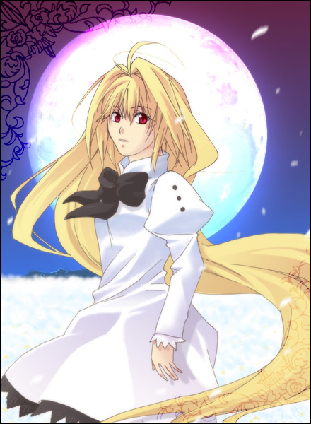 shiki(pixiv694638), uchida shiki, arcueid brunestud, eco-arc, tsukihime, bad id, bad pixiv id, 00s, 1girl, aged down, blonde hair, female focus, flower, full moon, long hair, moon, red eyes, solo