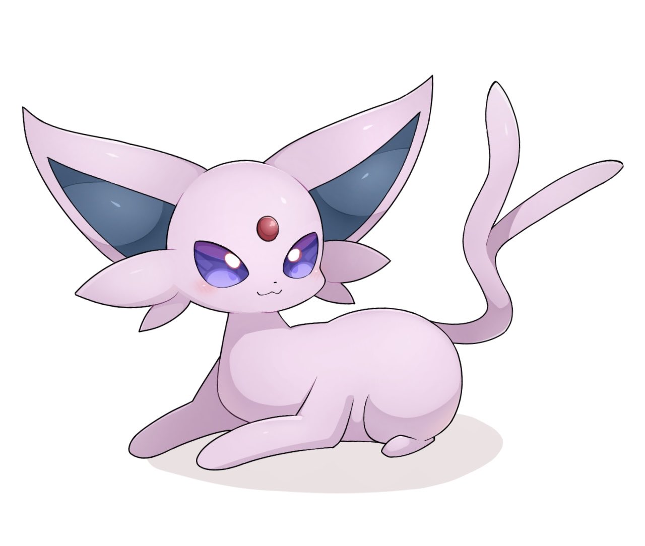 cosmos3572, espeon, nintendo, pokemon, commentary request, animal focus, blush, full body, gen 2 pokemon, lying, no humans, pokemon (creature), pokemon focus, purple eyes, shadow, simple background, smile, solo, white background