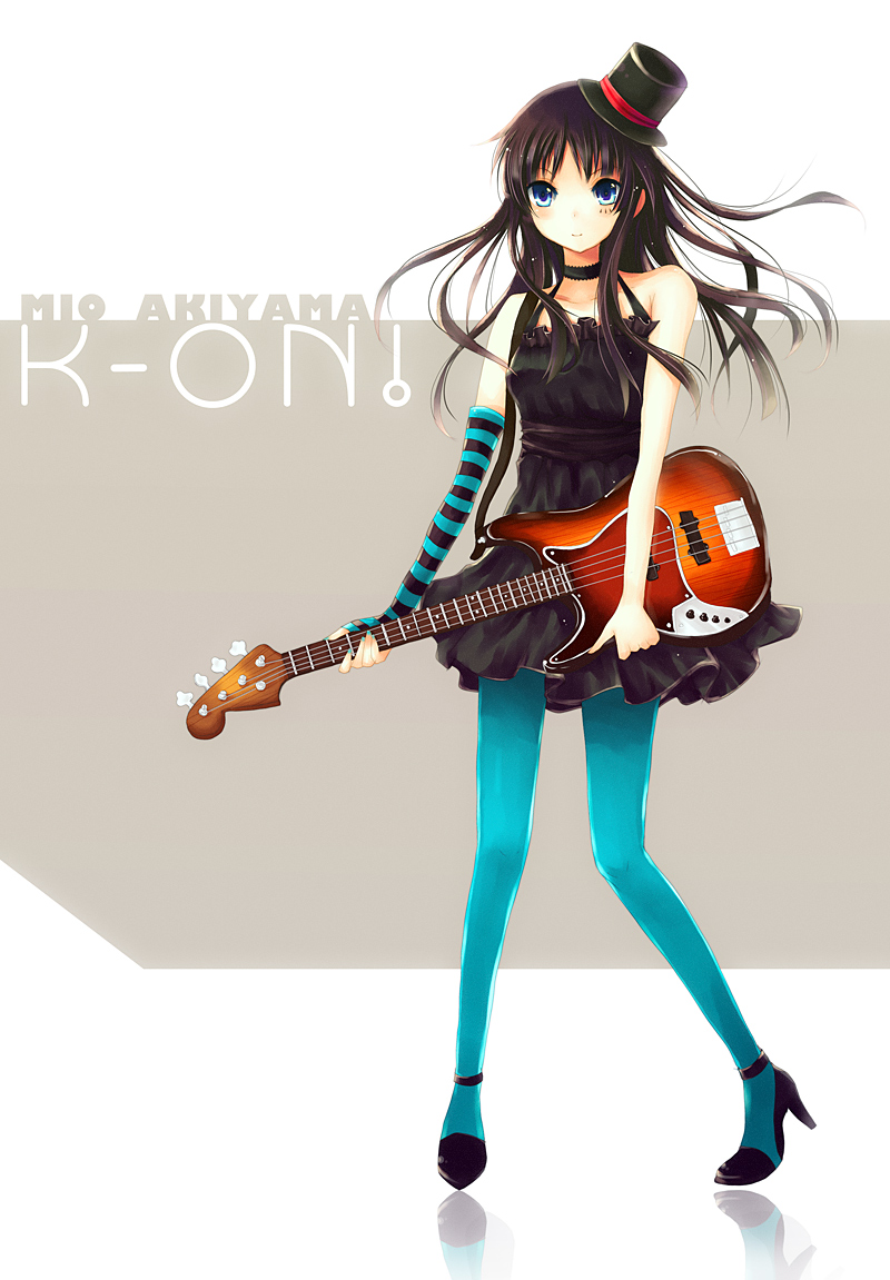 vienri, akiyama mio, don't say "lazy", k-on!, 00s, 1girl, bass guitar, black hair, blue eyes, blue pantyhose, choker, dress, facepaint, female focus, fingerless gloves, gloves, guitar, hat, instrument, long hair, mini hat, mini top hat, pantyhose, solo, top hat