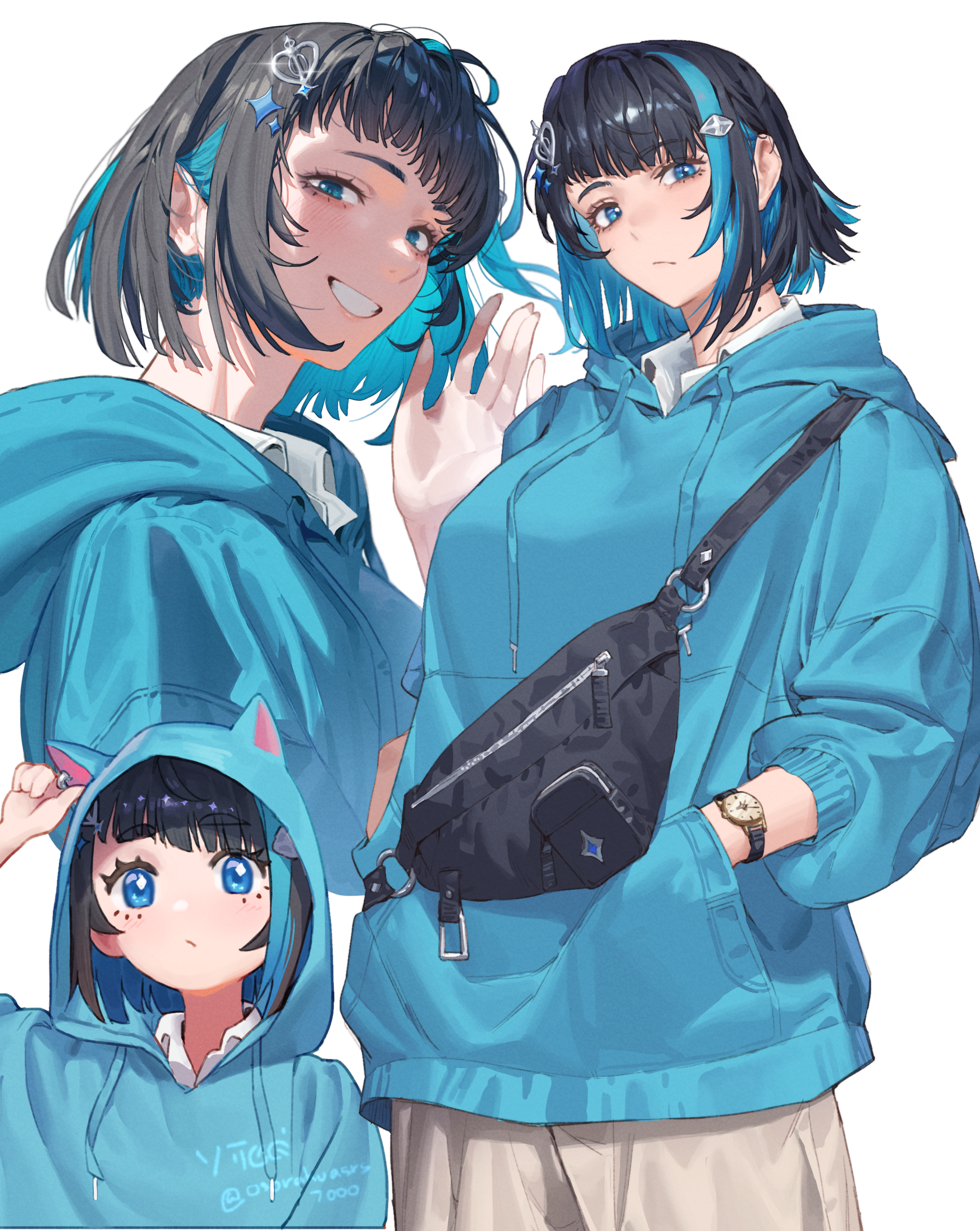 orewajedman, uniraid, absurdres, commentary, highres, 1girl, animal hood, blue eyes, cat hood, collared shirt, colored inner hair, gunzyo roman, hand in pocket, hood, hood down, hood up, hoodie, mole, mole on neck, multicolored hair, multiple views, shirt, short hair, smile, twitter username, two-tone hair, virtual youtuber, watch, white background, wristwatch