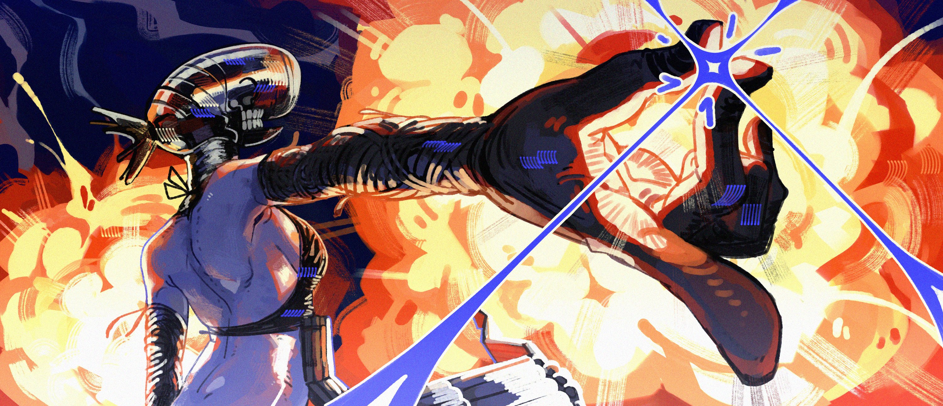 bomb devil (chainsaw man), chainsaw man, highres, 1girl, apron, bellanoche oxo, black apron, black gloves, breasts, dynamite, elbow gloves, explosion, explosive, gloves, object head, outstretched arm, small breasts, solo, teeth