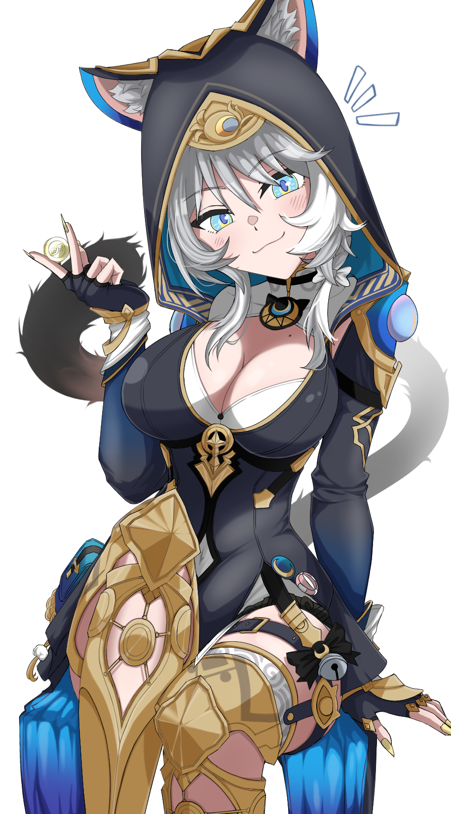 user zysm5735, cipher (honkai: star rail), honkai: star rail, honkai (series), highres, 1girl, animal ears, blue eyes, blush, boots, breasts, cat ears, cat girl, cat tail, cleavage, coin, gold nails, grey hair, large breasts, looking at viewer, nail polish, short hair, sitting, smile, solo, tail