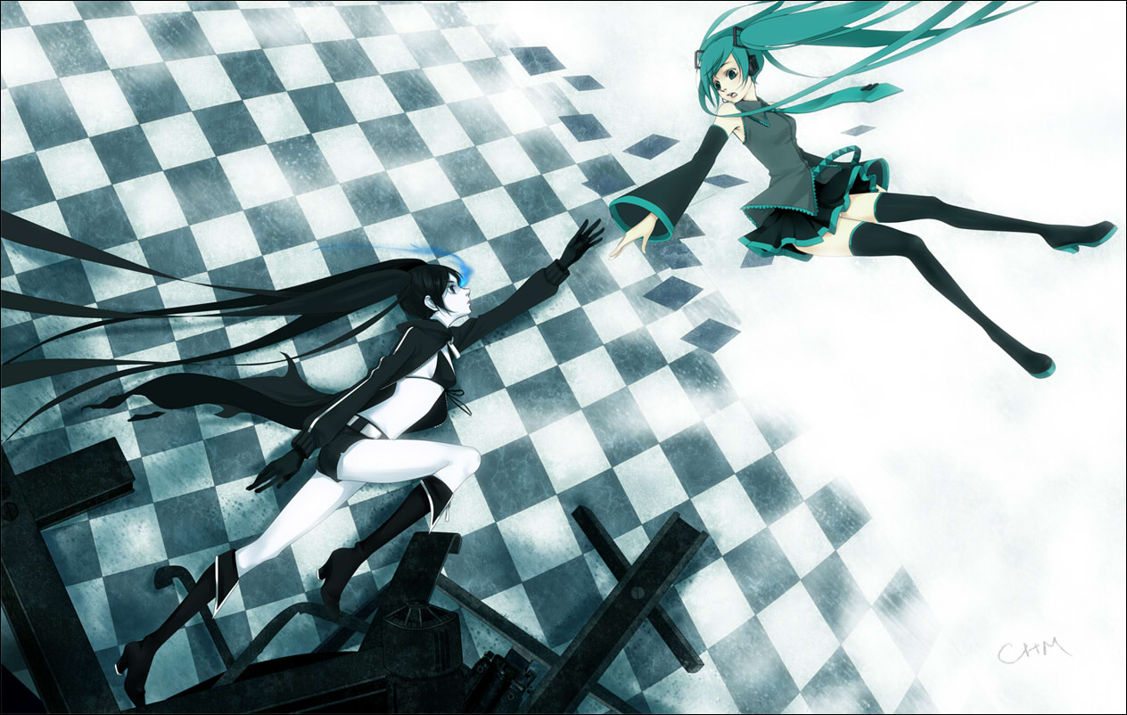 chm, black rock shooter (character), hatsune miku, black rock shooter, vocaloid, bad id, bad pixiv id, 10s, aqua hair, bikini, bikini top only, black hair, boots, gloves, legs, long hair, short shorts, shorts, swimsuit, thigh boots, thighhighs, very long hair, zettai ryouiki