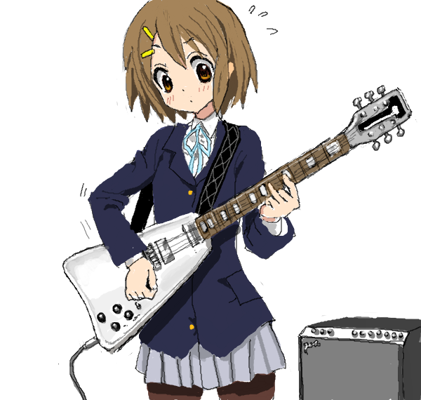 toshi (little-fluffy-cloud), hirasawa yui, k-on!, 00s, 1girl, amplifier, brown eyes, brown hair, female focus, guitar, instrument, oekaki, pantyhose, school uniform, short hair, simple background, solo