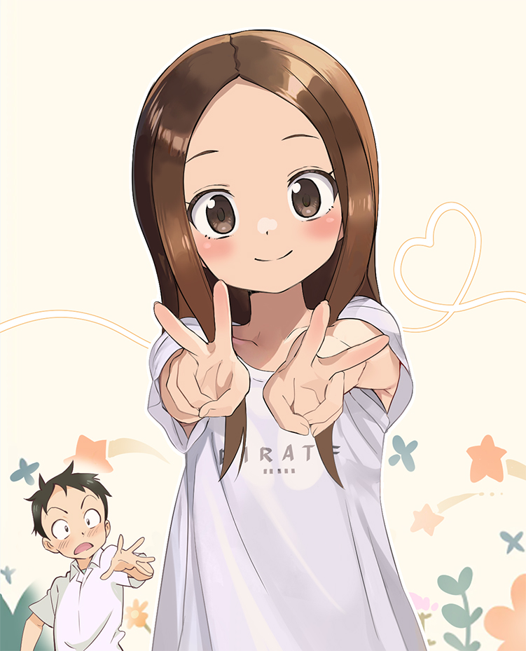 nyoro (nyoronyoro000), nishikata, takagi-san, karakai jouzu no takagi-san, commentary request, variant set, 1boy, 1girl, black hair, blush, brown eyes, brown hair, collarbone, collared shirt, double v, forehead, hands up, heart, long hair, long sidelocks, looking at another, looking at viewer, open mouth, print shirt, raised eyebrows, shirt, short hair, sidelocks, smile, solo focus, split mouth, star (symbol), t-shirt, v, very short hair, white background, white shirt
