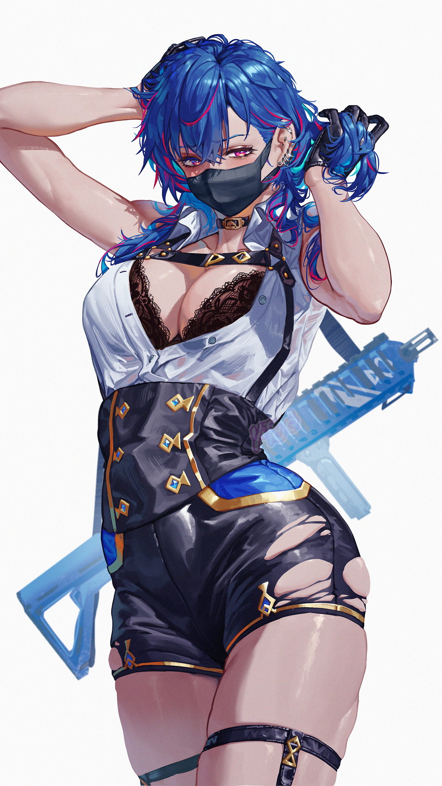 orewajedman, nishizono chigusa, nishizono chigusa (4th costume), nijisanji, absurdres, commentary, english commentary, highres, 1girl, arms up, assault rifle, black bra, black choker, black gloves, black mask, blue hair, bra, breasts, chest belt, choker, cleavage, ear piercing, gloves, gun, half gloves, hand in own hair, lace, lace bra, large breasts, looking at viewer, m4 carbine, mask, medium hair, mouth mask, multicolored hair, open clothes, open shirt, piercing, red eyes, red hair, rifle, shirt, shorts, simple background, skindentation, solo, streaked hair, thigh strap, thighhighs, torn clothes, torn shorts, underwear, virtual youtuber, weapon, white background, white shirt