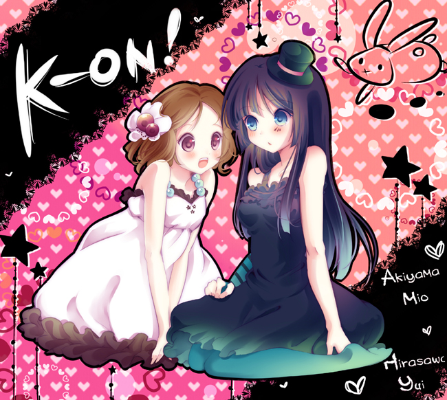 kokuro, akiyama mio, hirasawa yui, don't say "lazy", k-on!, bad id, bad pixiv id, 00s, 2girls, black hair, blue eyes, blue pantyhose, brown eyes, brown hair, dress, fingerless gloves, gloves, hat, kneeling, long hair, mini hat, mini top hat, multiple girls, pantyhose, short hair, top hat