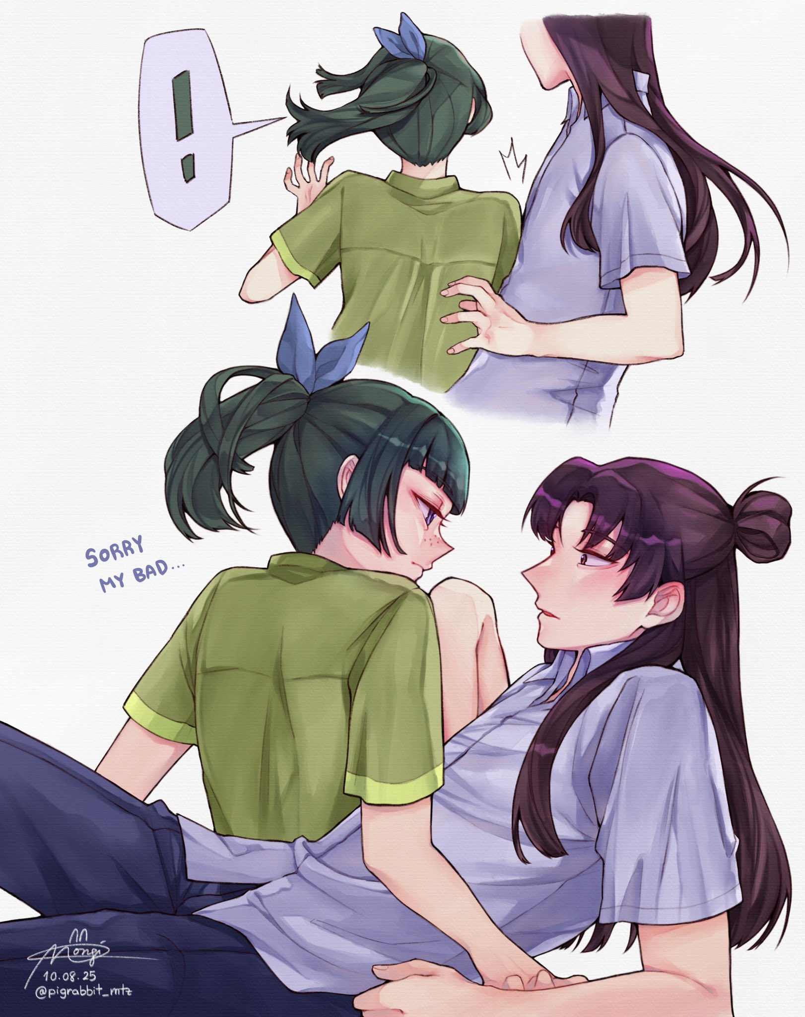 pigrabbit mtz, jinshi (kusuriya no hitorigoto), maomao (kusuriya no hitorigoto), kusuriya no hitorigoto, highres, !, 1boy, 1girl, black pantyhose, blue eyes, blue ribbon, blunt bangs, blush, collared shirt, dated, english text, freckles, green shirt, grey shirt, hair bun, hair ribbon, hetero, light blush, looking at another, multiple views, pantyhose, parted bangs, ponytail, reclining, ribbon, shirt, short sleeves, signature, spoken exclamation mark, twitter username, upper body