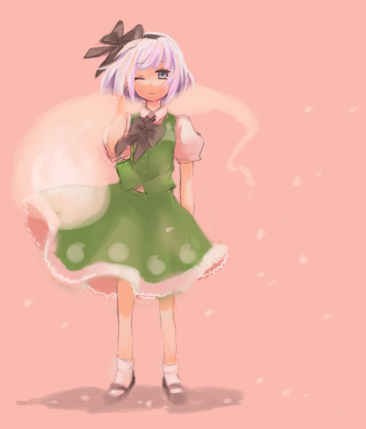 kuzumiya yuyu, konpaku youmu, konpaku youmu (ghost), touhou, bad id, bad pixiv id, 1girl, black shoes, female focus, hitodama, one eye closed, shoes, solo, wink