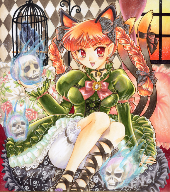 pemoko, kaenbyou rin, touhou, bad id, bad pixiv id, 1girl, animal ears, braid, breasts, cat ears, cat girl, female focus, skull, solo
