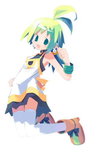 asami natsuhito, marona (phantom brave), phantom brave, archived source, lowres, 1girl, :d, antenna hair, apron, bare arms, bare shoulders, black bow, black dress, blush stickers, bow, bracelet, brown shoes, collared dress, dress, earrings, footwear bow, full body, green eyes, green hair, hair tie, happy, harada takehito (style), invisible chair, jewelry, knees together feet apart, light blush, long hair, looking at viewer, low ponytail, open mouth, ponytail, shoes, short dress, signature, simple background, sitting, sleeveless, sleeveless dress, smile, spiked hair, thighhighs, tree, white apron, white background, white thighhighs