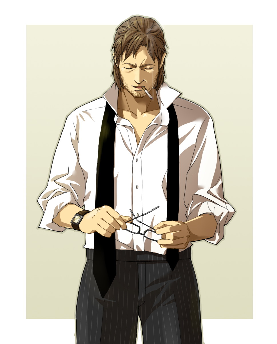 hinoe (dd works), iroquois pliskin, solid snake, konami, metal gear (series), metal gear solid, striped, highres, 1boy, beard, brown hair, cigarette, facial hair, glasses, male focus, manly, necktie, pinstripe pattern, smile, solo, watch, wristwatch