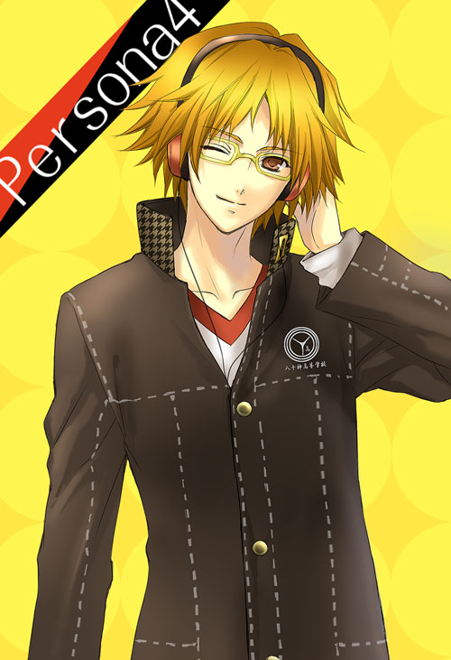 takasato michi, hanamura yousuke, atlus, persona, persona 4, bad id, bad pixiv id, 1boy, blonde hair, brown hair, glasses, headphones, male focus, school uniform, smile, solo, wink