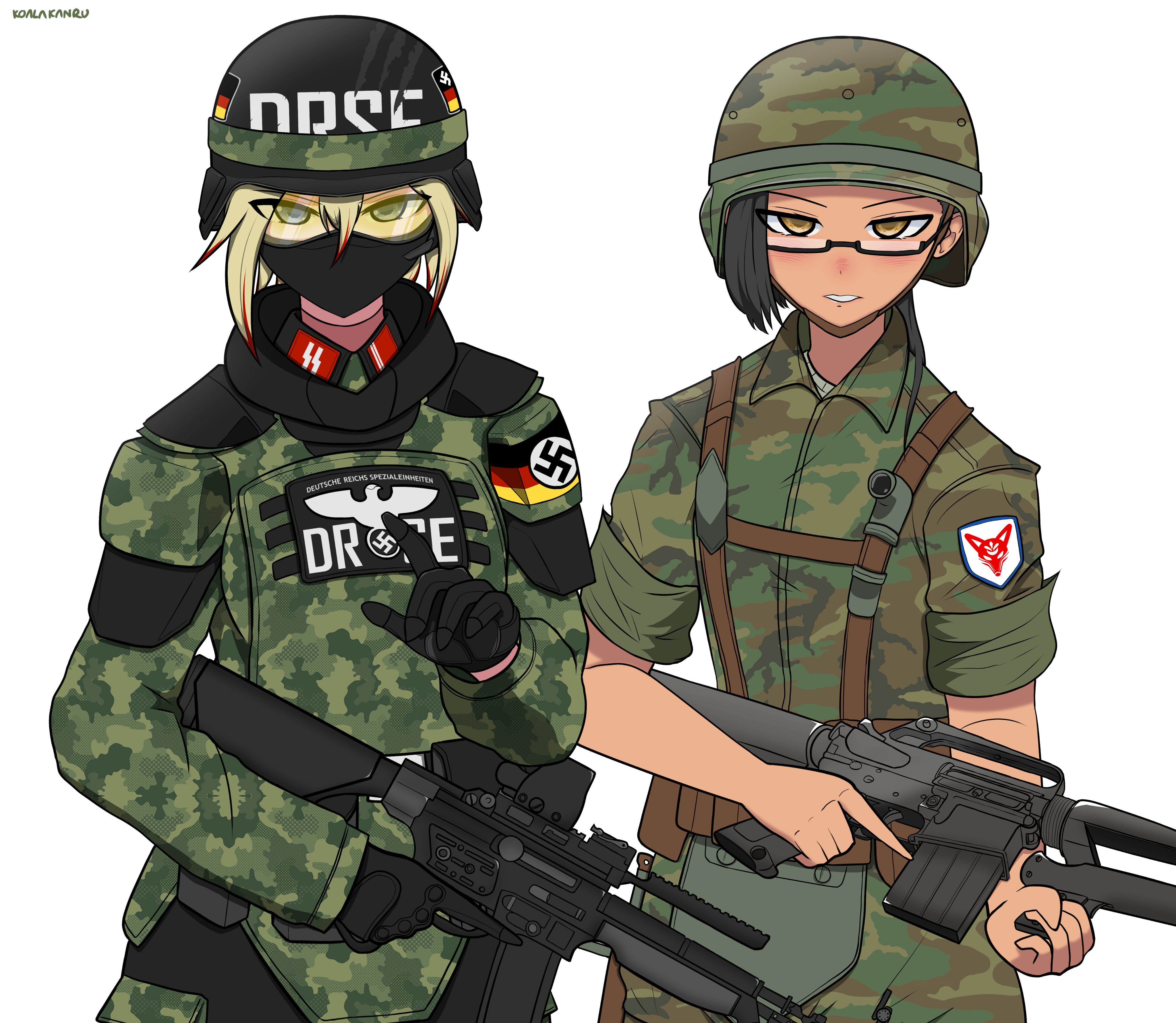 koalakanru, original, absurdres, highres, 2girls, armor, assault rifle, black gloves, black hair, blonde hair, blue eyes, body armor, camouflage, german flag, glasses, gloves, goggles, gun, hair between eyes, holding, holding gun, holding weapon, long sleeves, m16, mask, military uniform, mouth mask, multiple girls, nazi, pauldrons, reichsadler, rifle, short hair, short sleeves, shoulder armor, siegrunen, ss insignia, waffen-ss, weapon, yellow eyes