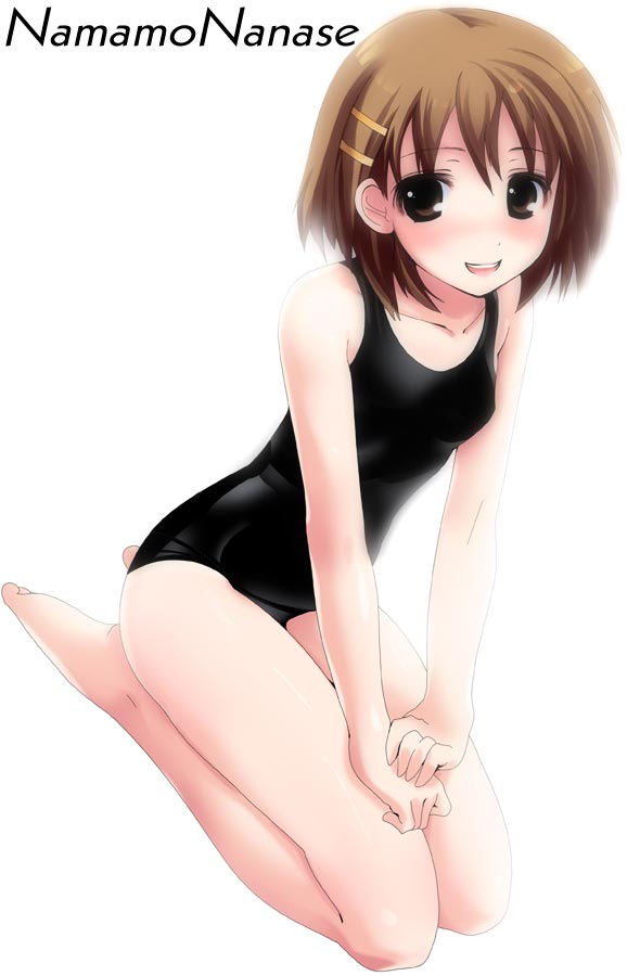 namamo nanase, hirasawa yui, k-on!, 00s, 1girl, bad anatomy, bad feet, barefoot, brown hair, feet, female focus, full body, hair ornament, hairclip, kneeling, one-piece swimsuit, poorly drawn, short hair, simple background, solo, swimsuit