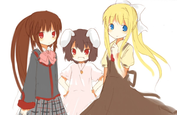 yuzuki (yuduame), inaba tewi, kamio misuzu, natsume rin, air (visual novel), little busters!, touhou, bad id, bad pixiv id, 00s, 3girls, animal ears, blonde hair, blue eyes, bow, brown hair, crossover, long hair, multiple crossover, multiple girls, pink bow, ponytail, rabbit ears, red eyes, school uniform, short hair