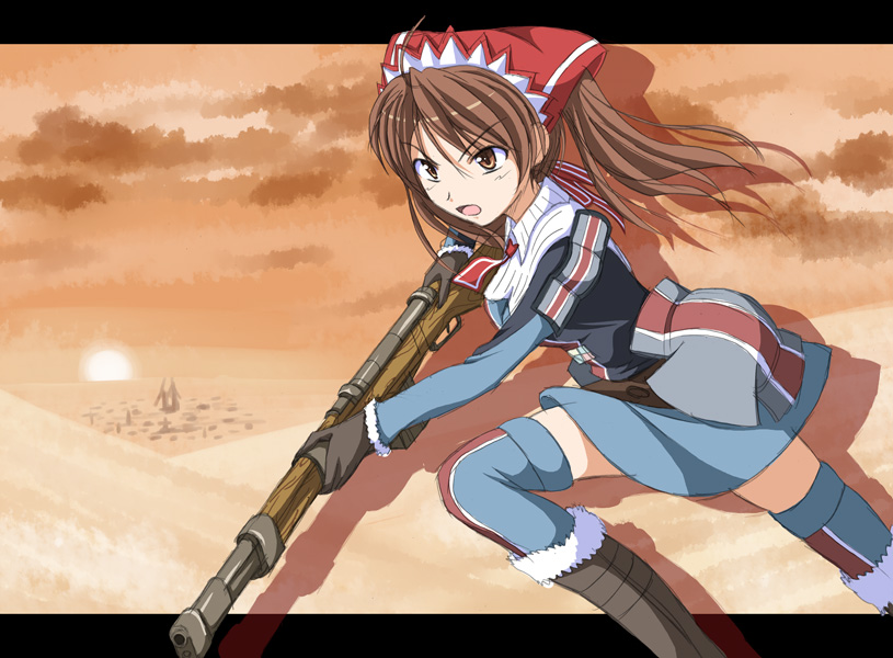 tri, alicia melchiott, senjou no valkyria, senjou no valkyria (series), senjou no valkyria 1, 00s, blouse, blush, boots, brown eyes, brown hair, gloves, gun, headdress, long hair, military, military uniform, ribbon, rifle, running, shirt, skirt, solo, thighhighs, twintails, weapon, zettai ryouiki