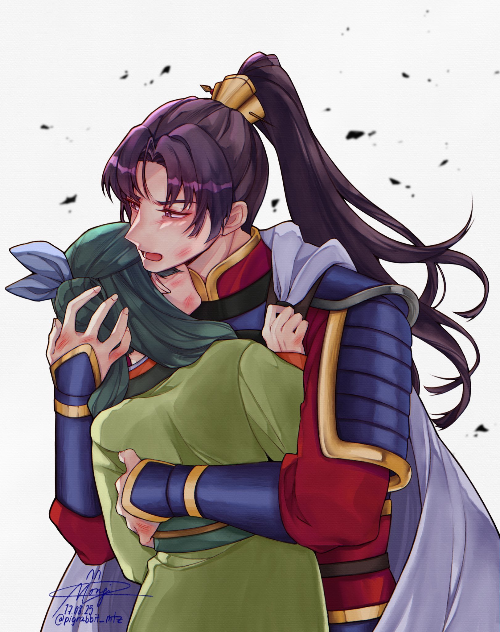 pigrabbit mtz, jinshi (kusuriya no hitorigoto), maomao (kusuriya no hitorigoto), kusuriya no hitorigoto, highres, 1boy, 1girl, arm around back, armor, blue ribbon, blush, cape, chinese armor, chinese clothes, chinese hairpin, dated, dirty, dirty face, furrowed brow, green hair, green shirt, grey cape, hair over shoulder, hair ribbon, half updo, hand in another's hair, hug, long hair, open mouth, parted bangs, pink eyes, ponytail, purple hair, red shirt, ribbon, shirt, shoulder armor, signature, twitter username, upper body, white background
