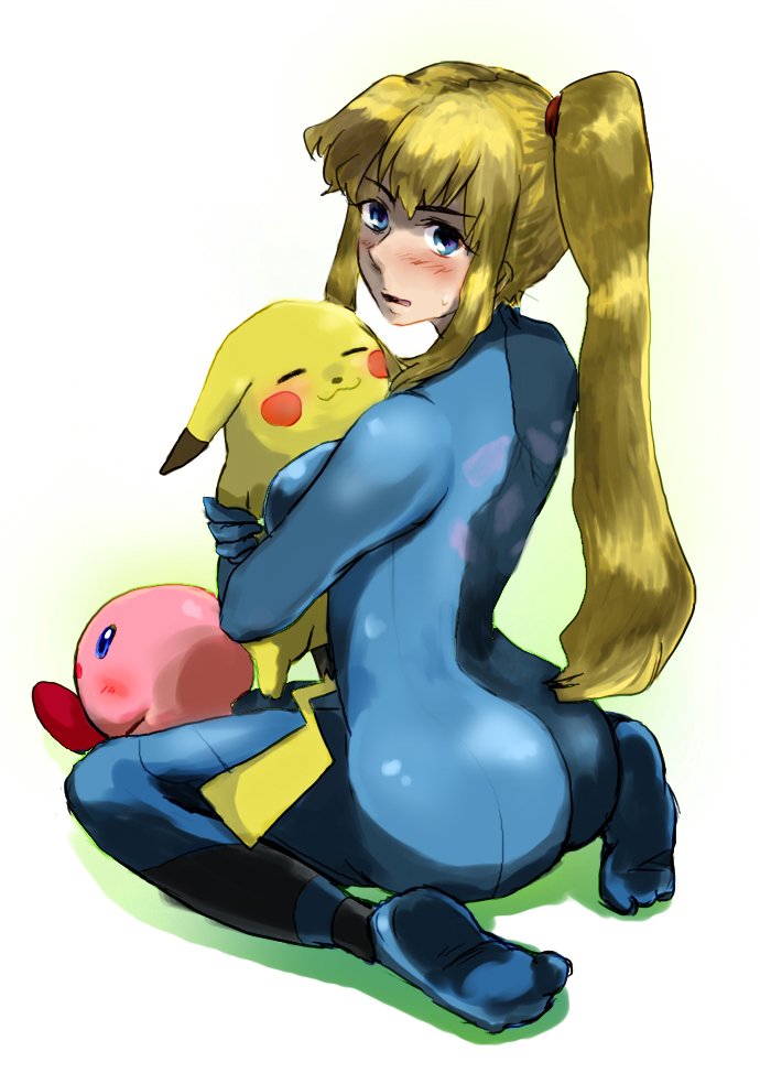 mogino, kirby, pikachu, samus aran, kirby (series), metroid, nintendo, pokemon, super smash bros., 1girl, :3, ass, blonde hair, blue eyes, blush, bodysuit, closed eyes, embarrassed, gen 1 pokemon, hug, kneeling, no shoes, pokemon (creature), ponytail, zero suit