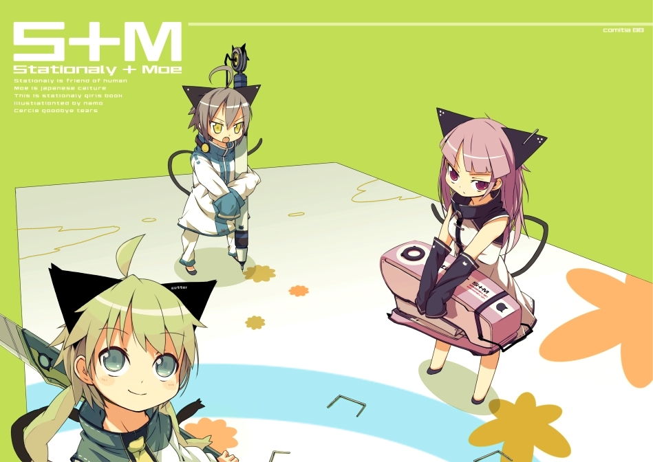 namo, namo (goodbyetears), + +, 3girls, animal ears, boxcutter, cat ears, cat tail, multiple girls, pen, stapler, tail