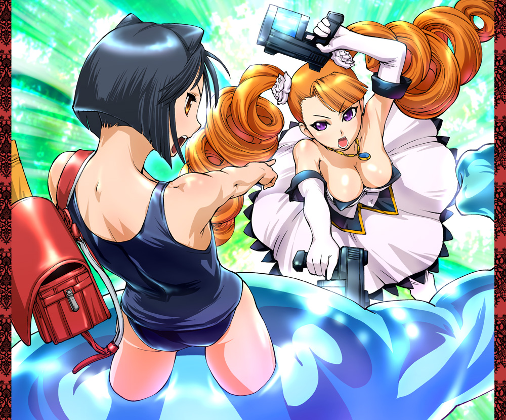 ueyama michirou, daidouji kira, petra johanna lagerkvist, aq interactive, arcana heart, arcana heart 2, atlus, examu, 2girls, animal ears, backpack, bag, bare shoulders, black hair, breasts, brown hair, cat ears, cleavage, downblouse, dress, drill hair, dual wielding, earrings, elbow gloves, gloves, gun, hands on own hips, holding, jewelry, large breasts, long hair, multiple girls, necklace, one-piece swimsuit, orange hair, pointing, purple eyes, randoseru, school swimsuit, short hair, swimsuit, thighhighs, twin drills, twintails, weapon
